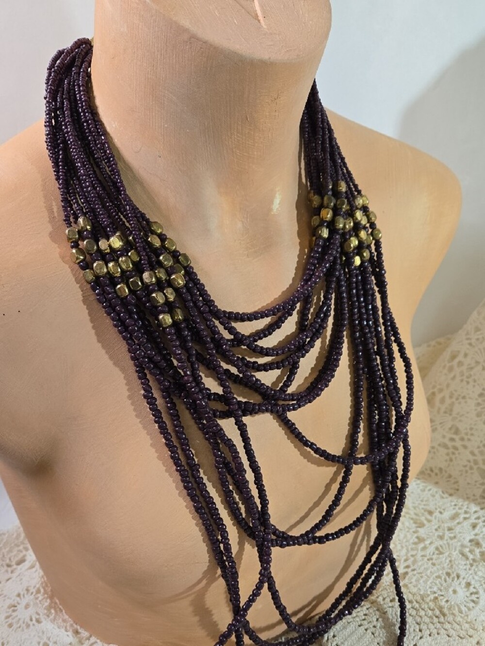 Multi-Strand Deep Purple Beaded Necklace with Gold Bead Accents